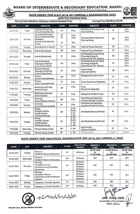 Ssc Part Date Sheet Bise Bannu Board Biseb Online