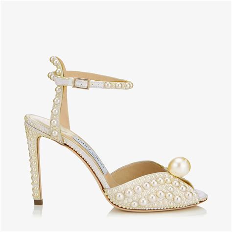 Jimmy Choo Sacora White Satin Sandals With All Over Pearls Love