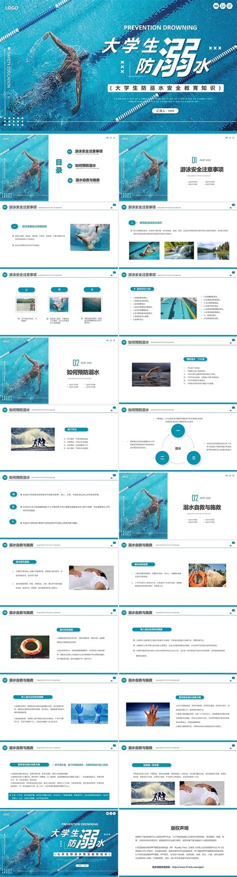 卡通清新大学生防溺水安全教育知识ppt模板 人人办公