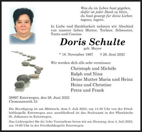 Traueranzeigen Von Doris Schulte Noz Trauerportal