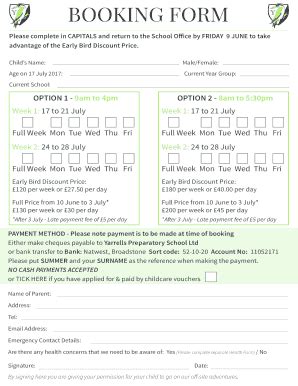 Fillable Online Booking Form Yarrells Preparatory School Fax Email