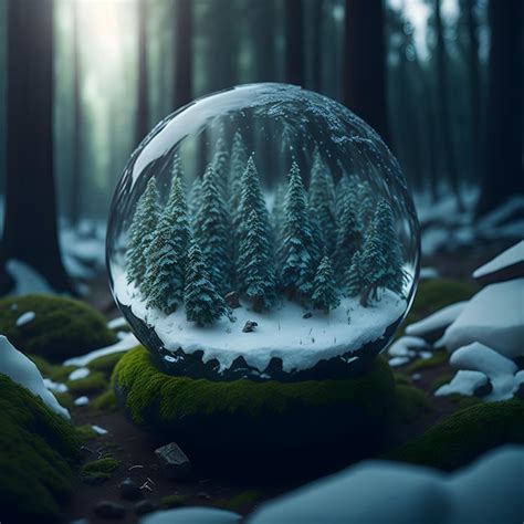 Premium AI Image | a crystal ball with a forest inside of it and also ...