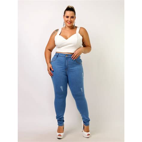 Calca Jeans Feminina Hot Pants Plus Size Cintura Alta Lycra Empina