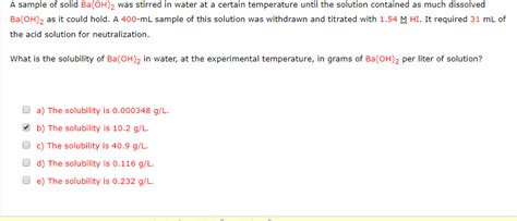 Solved A Sample Of Solid Ba OH 2 Was Stirred In Water At A Chegg