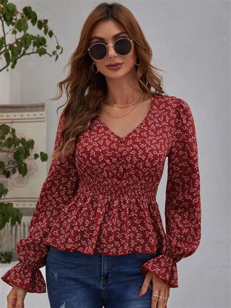 Shein Frenchy Ditsy Floral Flounce Sleeve Peplum Blouse Shein Usa