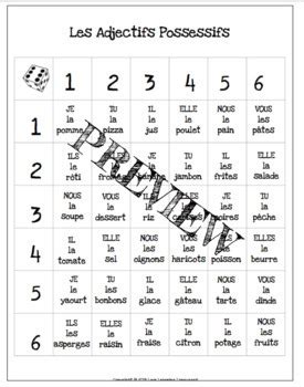 French Possessive Adjectives Food Dice Game Adjectifs Possessifs