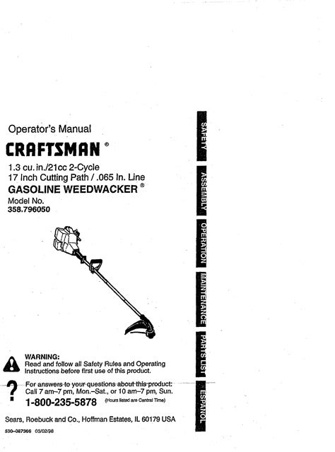 Craftsman 358796050 User Manual WEEDWACKER Manuals And Guides L0806066