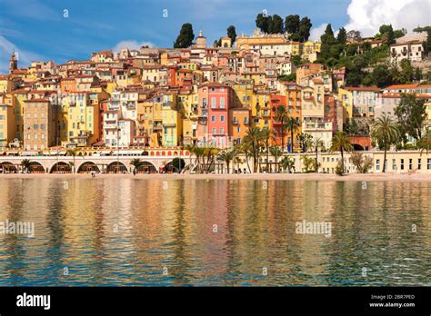 Colorful Old Town And Beach In Sunny Menton Perle De La France On