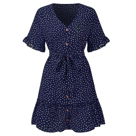 Women Summer Beach Dress Casual Short Sleeve Polka Dot Dress Boho Mini