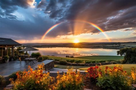 Premium Ai Image A Rainbow Over A Lake