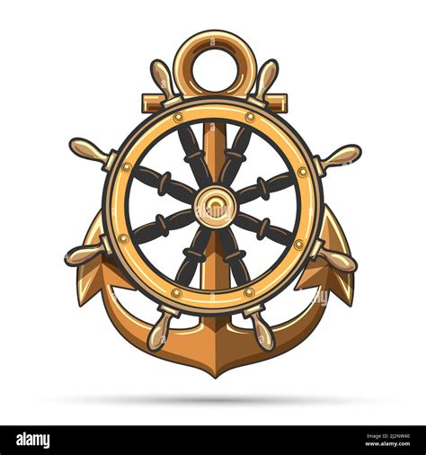 Emblem Of Ship Wheel And Anchor Isolated On White Background Vector