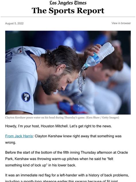 Los Angeles Times The Sports Report Clayton Kershaw Leaves Game With