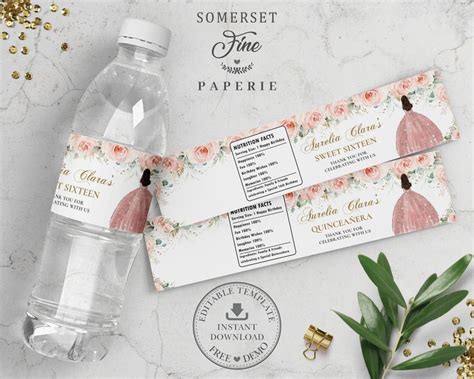 Blush Pink Floral Quinceanera Water Bottle Label EDITABLE TEMPLATE