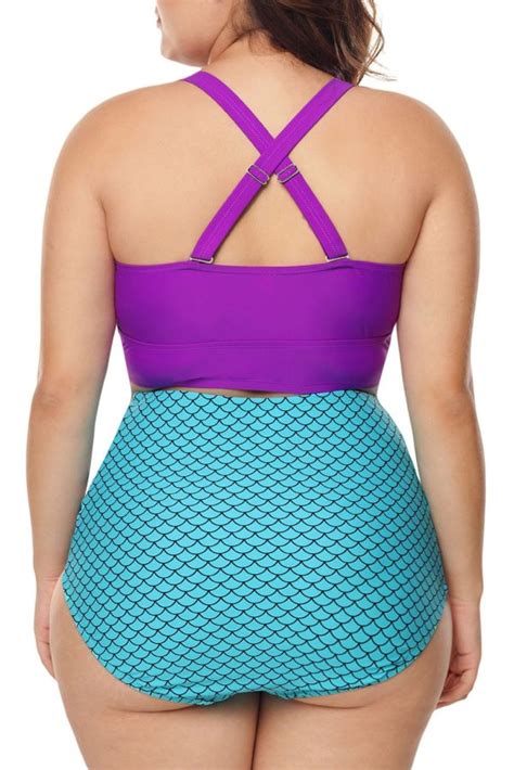 Bonita Women Plus Size Purple And Blue Scalloped Detail High Waist Swimsuit Amber Millet