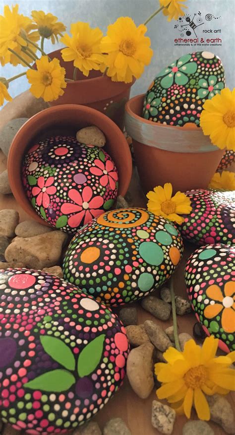 Hand Painted Stones Flower Motif Garden Art Rock Art Painted