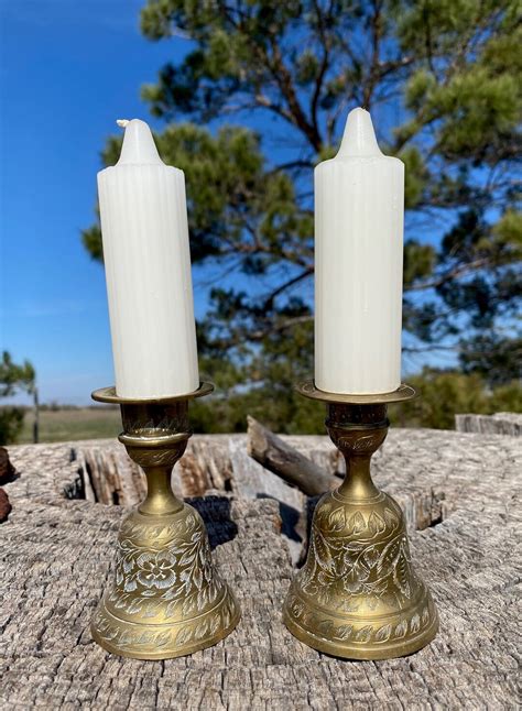 Vintage Set Of Etched Brass Sarna Bells Candleholders Brass Etsy