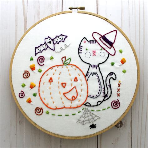 Halloween Embroidery Pattern Black Cat Pumpkin Bats Candy Etsy