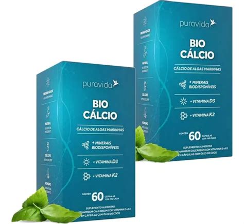 Kit 2x Bio Cálcio Calcio De Algas 60 Caps Cada Puravida Sabor Sem