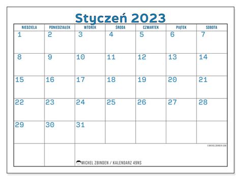 Kalendarz styczeń 2023 do druku 48NS Michel Zbinden PL