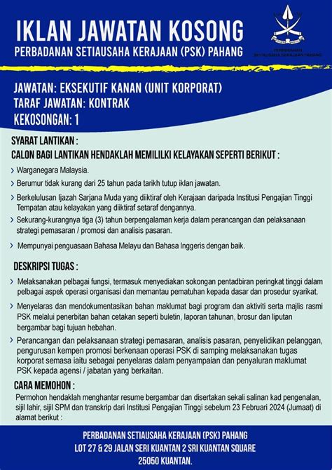 Iklan Jawatan Kosong Perbadanan Setiausaha Kerajaan Psk Pahang