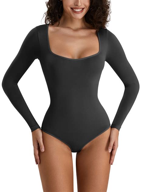 YouLoveIt Long Sleeve Bodysuits For Women Square Neck Bodysuit One