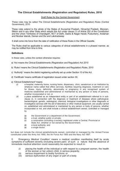 The Clinical Establishments Registration And Regulation Rules