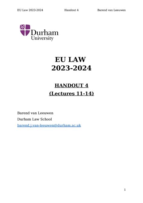 Lecture Handout 4 Eu Law 2023 2024 Tagged Eu Law 2023 Handout 4 Lectures 11 14 Barend