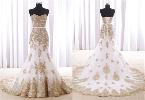 White And Gold Lace Mermaid Wedding Dresses Real Photo Sweetheart 2020