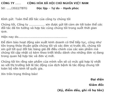 Một số mẫu thông báo tăng giá điều chỉnh giá sản phẩm cập nhật năm