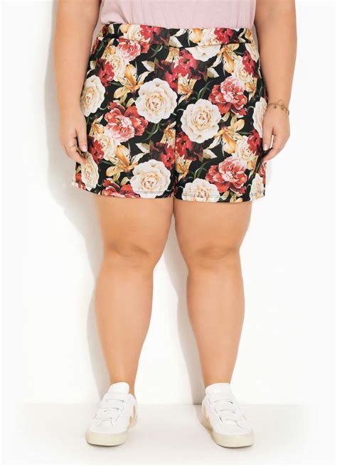 Short Floral Preto Elástico Plus Size Queima de Estoque