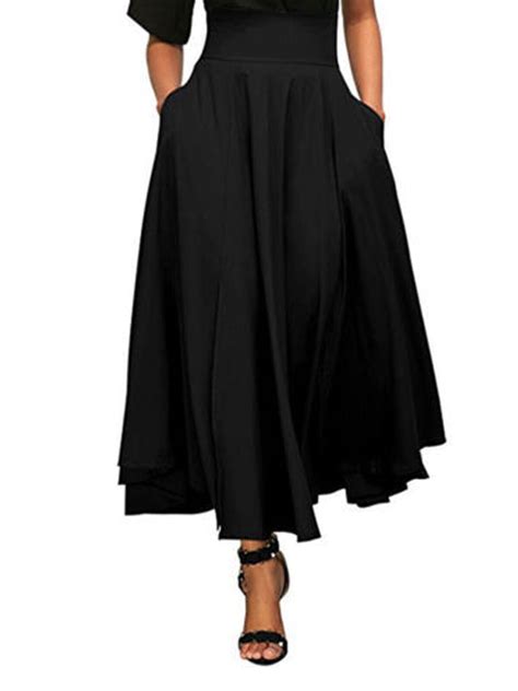 High Waist Pleated Long Skirts Women Flared Full Skirt Swing Satin