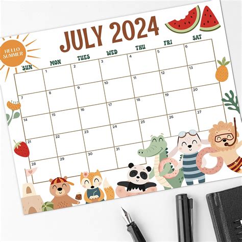 Pdf Boho Summer July Calendar Printable July 2024 Summer Animals Theme