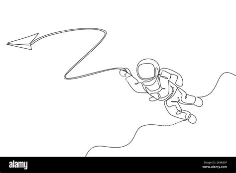 One Single Line Drawing Space Man Astronaut Exploring Cosmic Galaxy