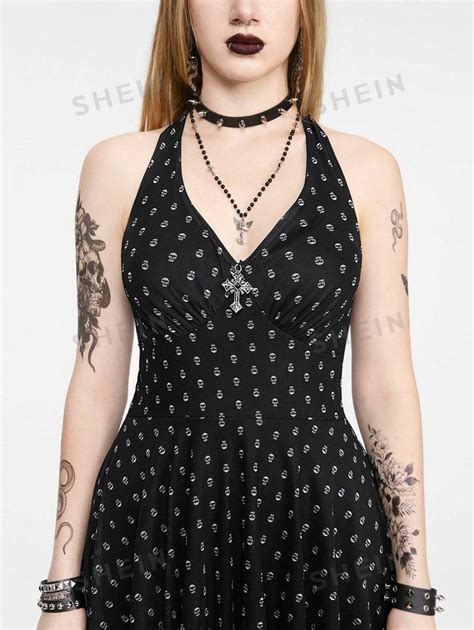 Romwe Goth Gothic Style Cross Decorated Skull Pattern Asymmetrical Hem