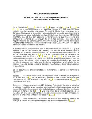 6 Formato Acta Comisión Mixta Reparto de Utilidades PTU ACTA DE