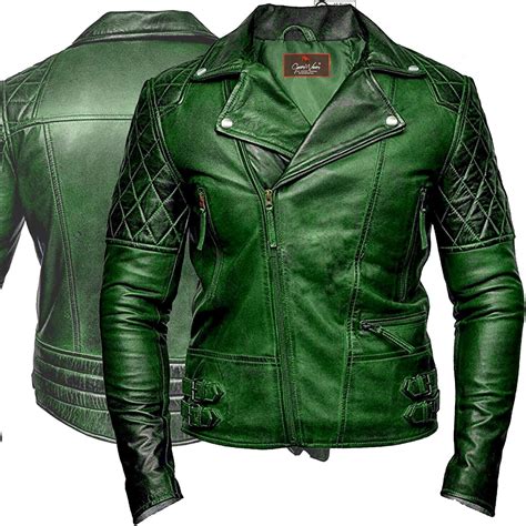 Gearswears Green Mens Leather Jacket Retro Style For Riders Bikers