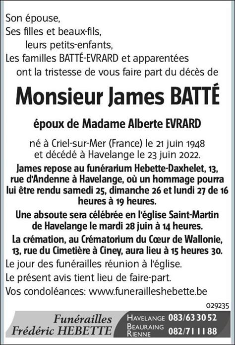 Décès De Monsieur James Batté 23 06 22 Annonce Nécrologique