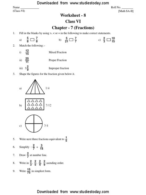 Cbse Class 6 Fractions Worksheet