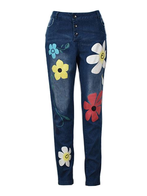 Women Flower Print Denim Pants