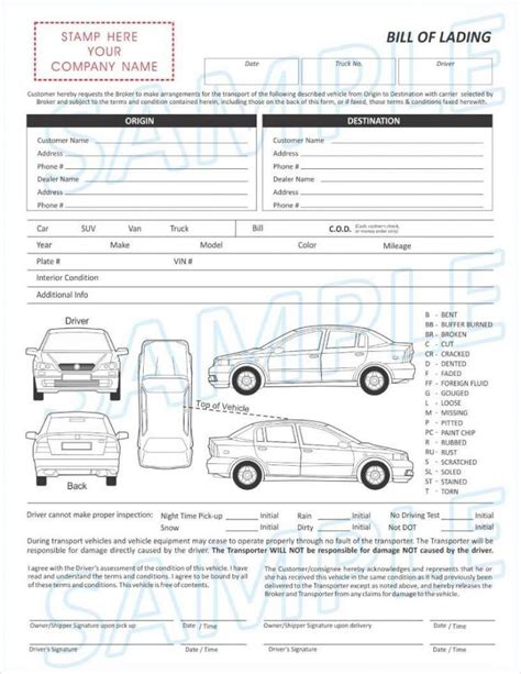 Vehicle Bill Of Lading Template With 3 Part Transport Form