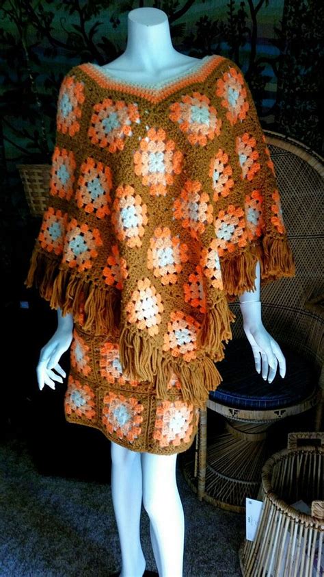 70s Fall Granny Square Poncho And Mini Skirt Set Crochet Etsy Mini