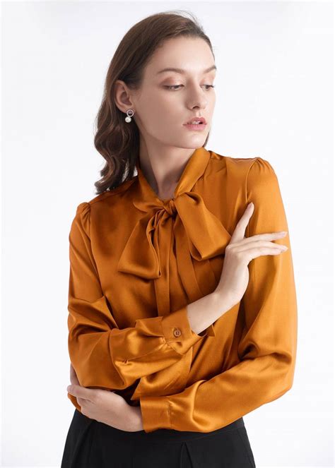 Bow Tie Neck Silk Blouse Silk Blouse Satin Top Blouses Women Long