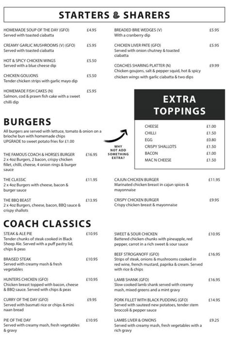 Menu at Coach & Horses pub & bar, Crewe