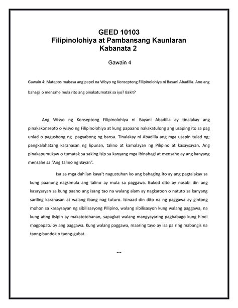 Kabanata 2 Gawain 4 GEED 10103 Filipinolohiya At Pambansang