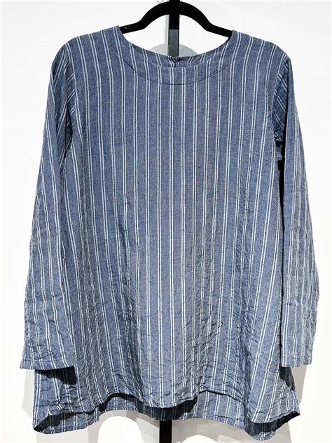 Vlas Blomme Woven Linen Stripe Top Blue Grey Toko Santa Fe