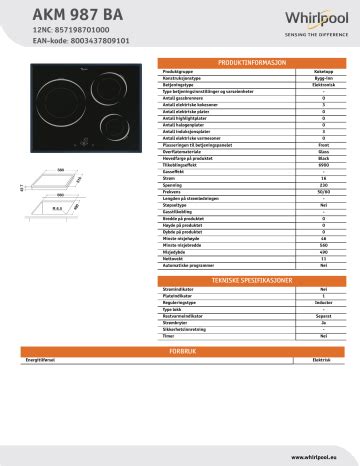 Whirlpool AKM 987 BA Hob Product Data Sheet Manualzz