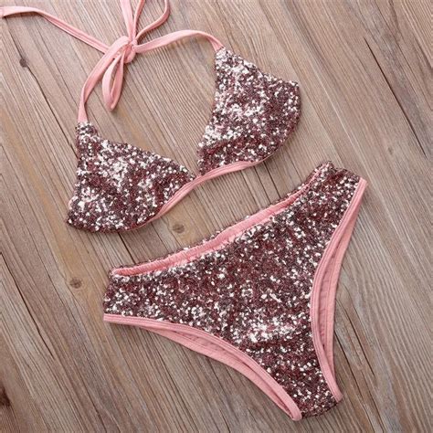 2018 Shining Sequin Swimming Suit For Women Beach Suit Sexy Halter