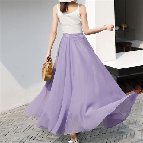 Summer Womens Solid Color Chiffon Skirt Womens High Waist Long Skirt