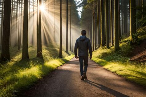 Premium Photo A Man Walks Down A Path With The Sun Shining Through