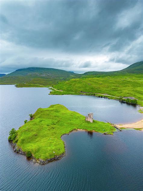 Aerial view from drone of Ardvreck Castle at Loch Assynt, Sutherland ...